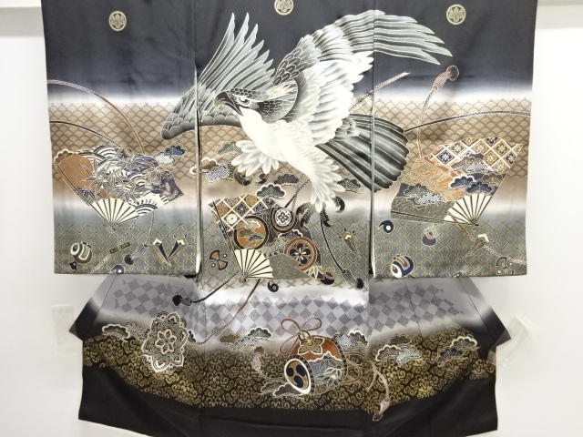 鷹に扇模様紋付男児着物(長襦袢・内袖付き)